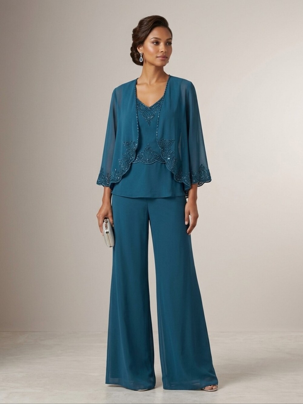 Womens 3-Piece Teal Blue Chiffon Beaded Jacket, Top & Wide-Leg Pants Set Medium